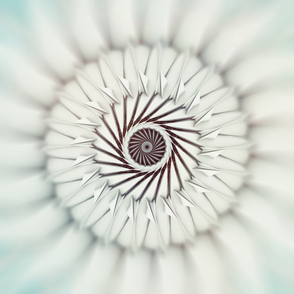 3d render of abstract art with surreal 3d machinery industrial turbine aircraft jet engine or flower in spiral twisted shape with blurry effect