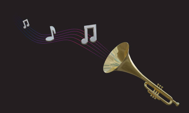 istock Trumpet with music notes flying on black background. 1473696159