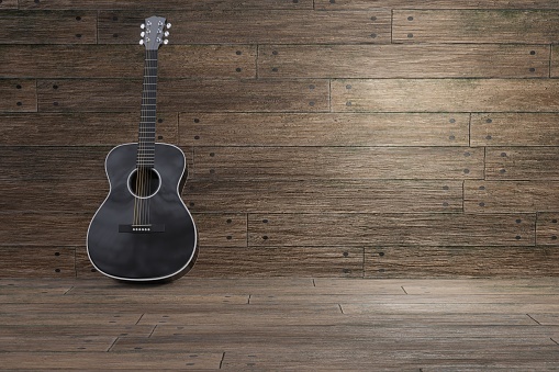 Acoustic guitar in old wooden room. 3D illustration.