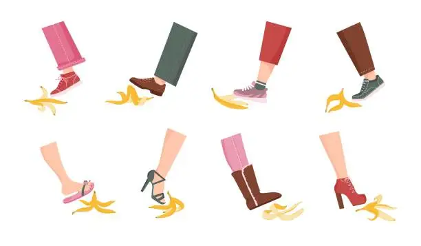 Vector illustration of Slip on banana peel. Cartoon comic accident, man and woman persons foot stepping and slipping on banana skin. Vector risk and failure concept set