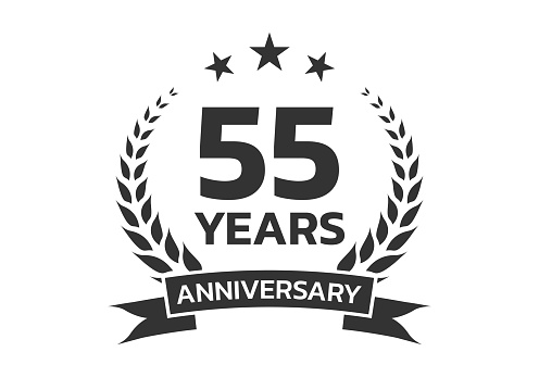 55 years anniversary laurel wreath logo or icon. Jubilee, birthday badge, label or emblem. 55th celebration design element. Vector illustration.