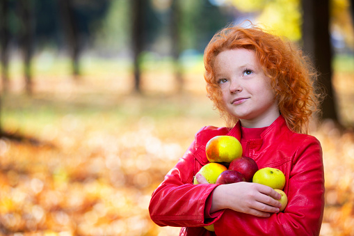 Red-haired girl in the autumn park holding apples.