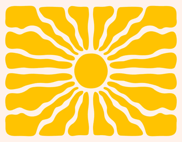 illustrazioni stock, clip art, cartoni animati e icone di tendenza di sfondo groovy retrò orizzontale con sunburst luminoso in stile anni '60, '70 - luce solare