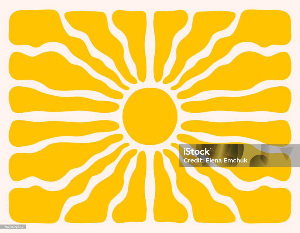 Horizontal retro groovy background with bright sunburst in style 60s, 70s - Royalty-free Zon vectorkunst Horizontal retro groovy background with bright sunburst in style 60s, 70s - Royalty-free Zon vectorkunst