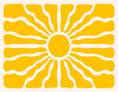 Horizontal retro groovy background with bright sunburst in style 60s, 70s