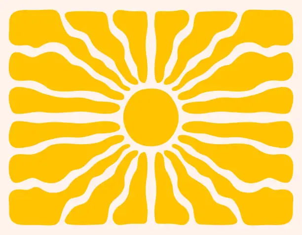 Vector illustration of Horizontal retro groovy background with bright sunburst in style 60s, 70s