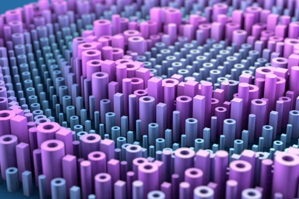 Abstract pink and blue tubes with random grow 3d render. Random surface structure in perspective view with depth of field camera effect. stock photo