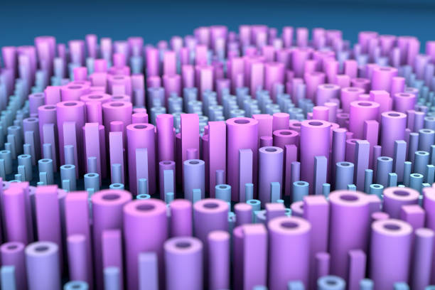 Abstract pink and blue tubes with random grow 3d render. Random surface structure in perspective view with depth of field camera effect. stock photo
