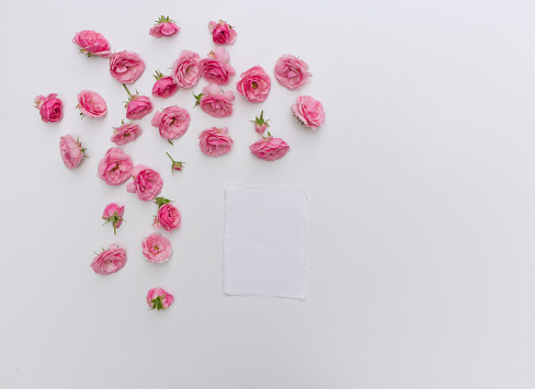 Feminine vertical birthday mock-up scene. Blank paper greeting pink roses, peony flowers on white table background. Light flat lay, top view.