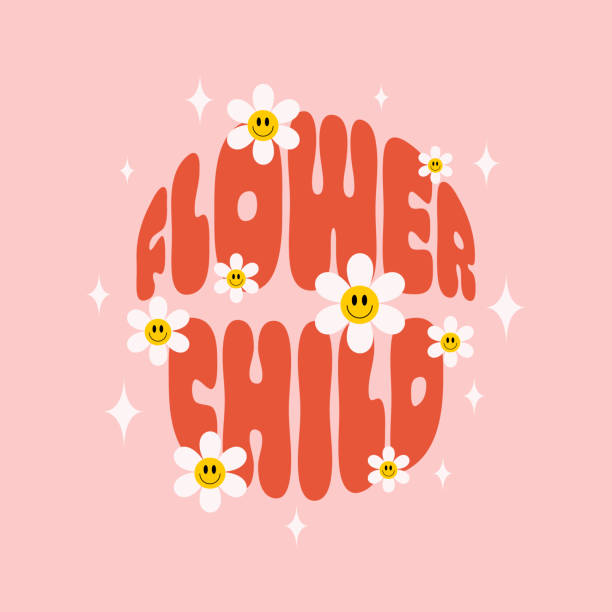 retro flower child slogan mit lächelnden gänseblümchenblüten auf rosa hintergrund - gänseblümchen gattung stock-grafiken, -clipart, -cartoons und -symbole