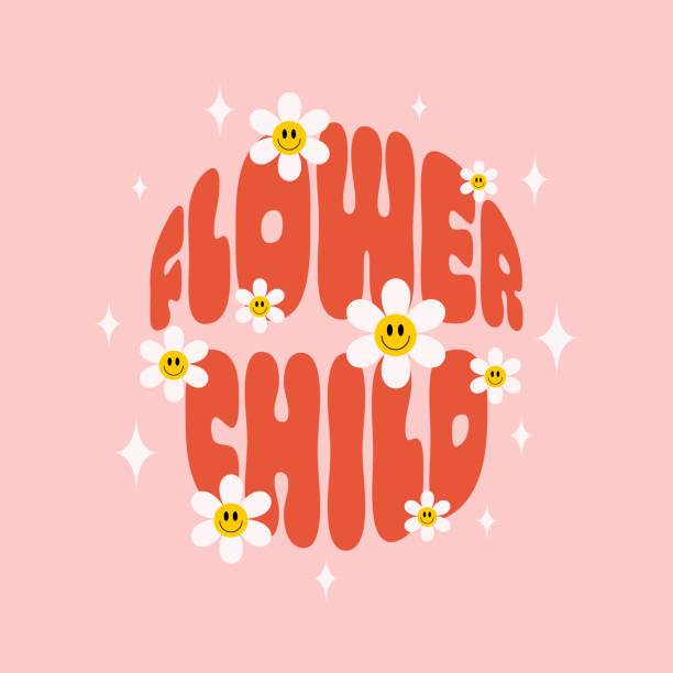 слоган retro flower child с улыбающимися цветами ромашки на розовом фоне - sayings motivation short phrase red stock illustrations