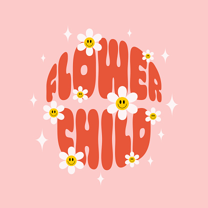 Retro Flower Child slogan with smiling daisy flowers on a pink background. Trendy groovy print design for posters, cards, t - shirts in style 60s, 70s. Vector illustration