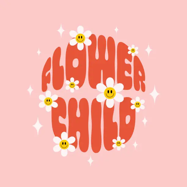 Vector illustration of Retro Flower Child slogan with smiling daisy flowers on a pink background