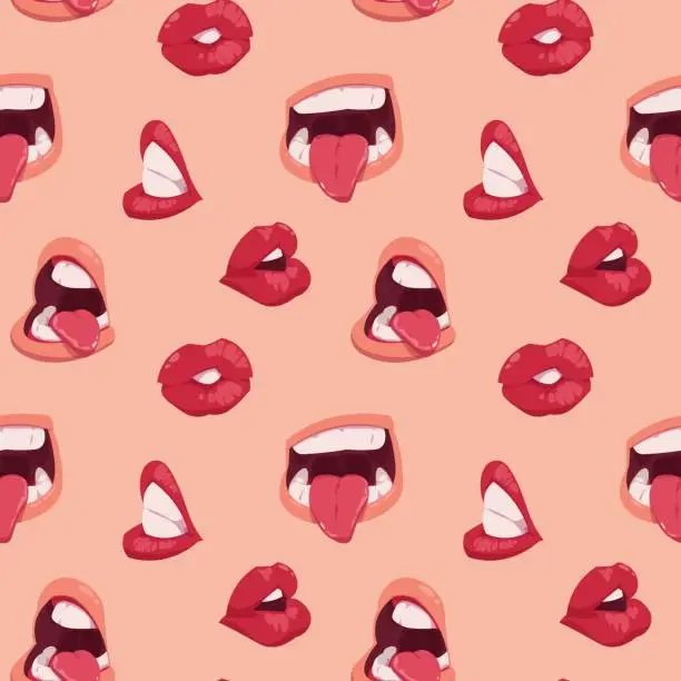 Vector illustration of Cartoon mouth pattern. Seamless print of face expressions with opened and closed mouth, lips teeth and tongue. Vector texture
