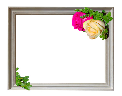 White frame with yellow and pink roses isolated on white background.