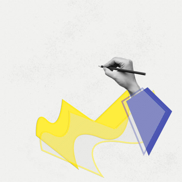 istock Female hand in sleeve holds pencil drawing or writing. Mockup with empty copy space for design 1473700392