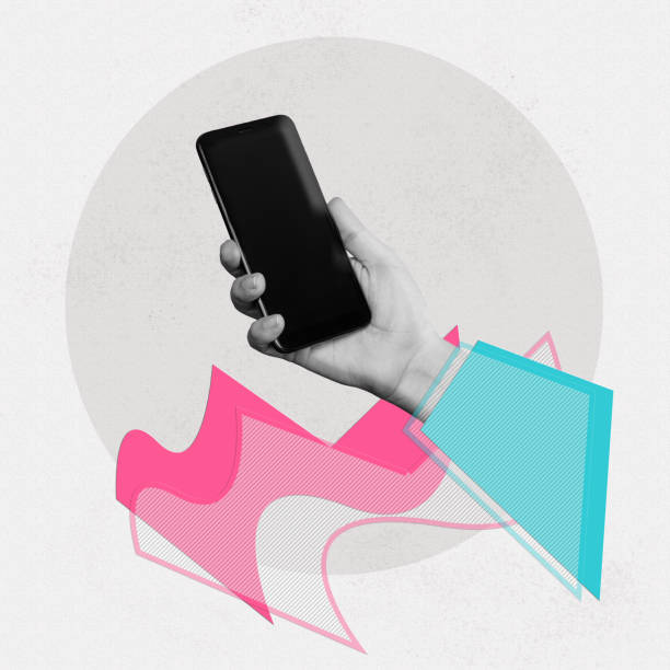 istock Mobile phone with black screen in female hand on texture abstract background. Mockup for design 1473700413