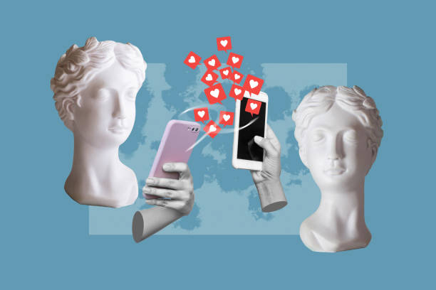 Antique statues holding mobile phones in their hands send like symbols from social networks Antique statues holding mobile phones in their hands send like symbols from social networks on blue color background. 3d trendy collage in magazine urban style. Contemporary art. Modern design mobile sculpture stock pictures, royalty-free photos & images