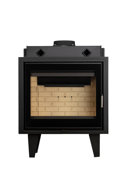 modern fireplaces for heating from metal and heat-resistant glass. boiler for solid fuel isolated on white background. - flame natural gas boiler burner imagens e fotografias de stock