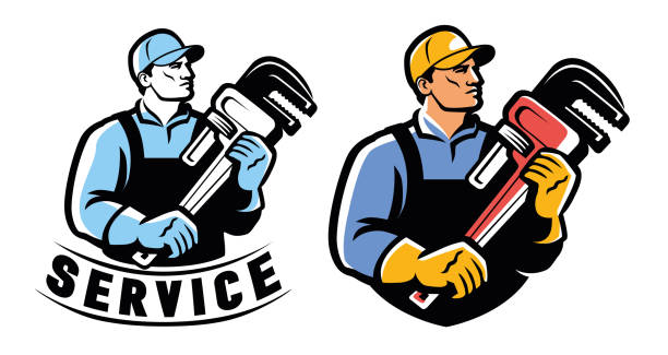 ilustraciones, imágenes clip art, dibujos animados e iconos de stock de fontanero con fontanería ajustable y llave de tubería. logotipo profesional de construcción de viviendas. ilustración vectorial - plumber