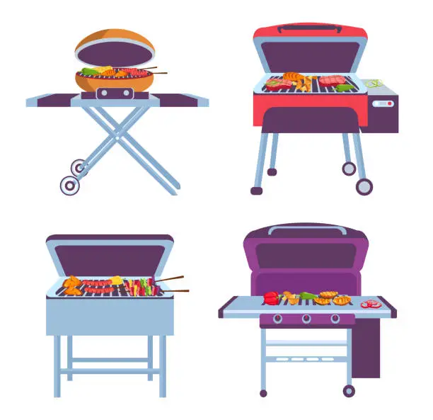 Vector illustration of Cartoon barbeque grills collection to cook meat