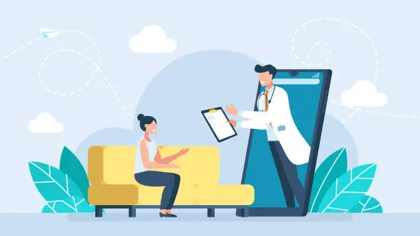 Vector illustration of Online healthcare and medical consultation. Online diagnostics. Digital health concept. Woman connecting with a doctor online using a smartphone app and having a consultation. Vector illustration