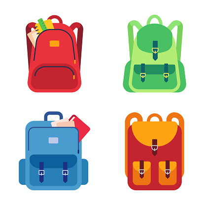 School bags, childish backpacks with stationery and notebooks. Kids colorful rucksacks with different supplies in pockets for education. Equipment for studying at college vector isolated set