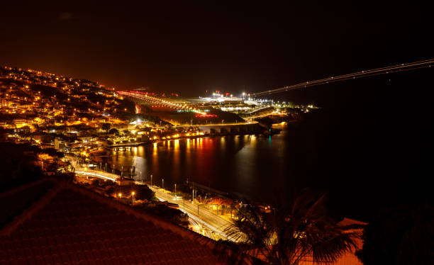 Airplane landing at Madeira airport at night