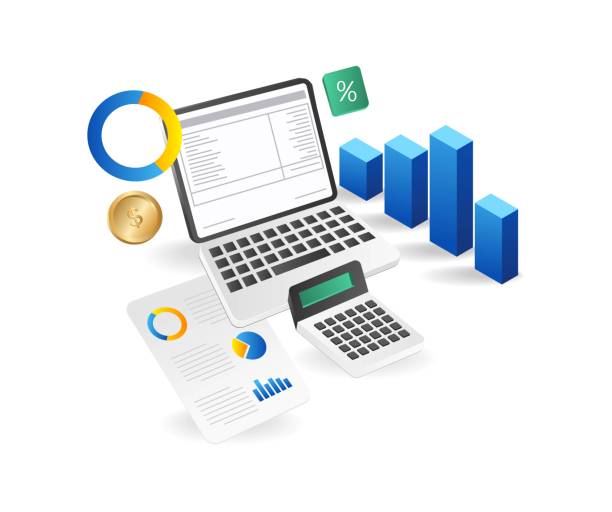 istock Isometric flat 3d illustration concept of computer calculating investment business income 1473705678