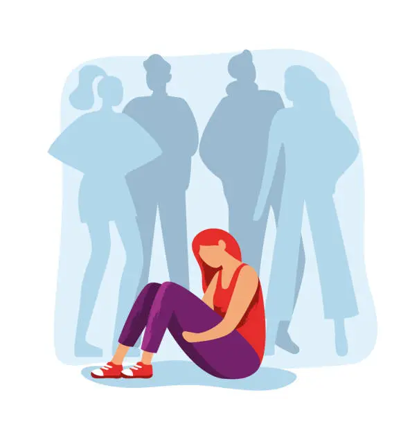 Vector illustration of Feeling lonely, sad depressive person. Woman in depression sitting on floor among friends silhouettes