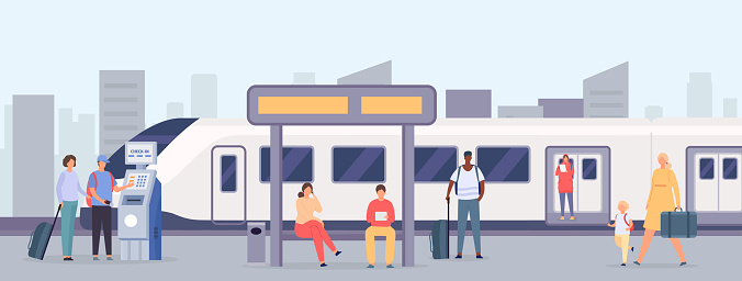 People at station. Female and male characters with luggage waiting for transport at railway station. People traveling by speed vehicle, crowd standing on modern platform vector illustration