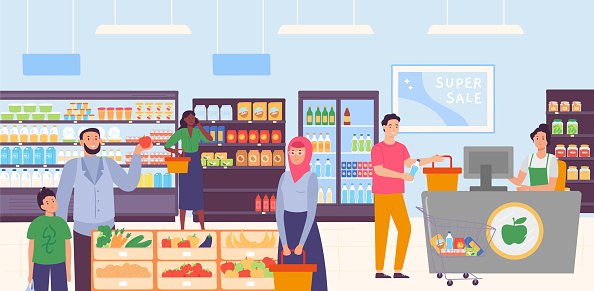 People in supermarket. Father with son choosing apple fruit, women holding baskets with food. Male character taking products from trolley to cashier counter to pay. Buying in shop vector illustration