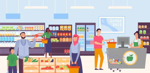 Vector illustration of People in supermarket. Father with son choosing apple fruit, women holding baskets with food. Male character