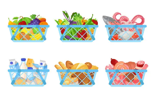 Vector illustration of Set of shopping baskets full of products as fruit, vegetables, seafood, diary and bakery products, meat