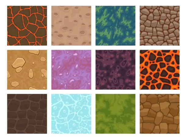 Vector illustration of Game texture tiles. 2D cartoon level ground block of various materials, grass rock sand ice water lava, textured land game asset. Vector nature elements tile kit