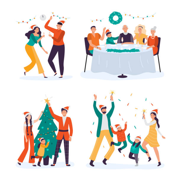 Christmas people celebrating holiday together. Family members sitting at table, drinking champagne at midnight Christmas people celebrating holiday together. Family members sitting at table, drinking champagne at midnight. Couple with daughter decorating fir tree. Parents with children under confetti vector christmas family party stock illustrations