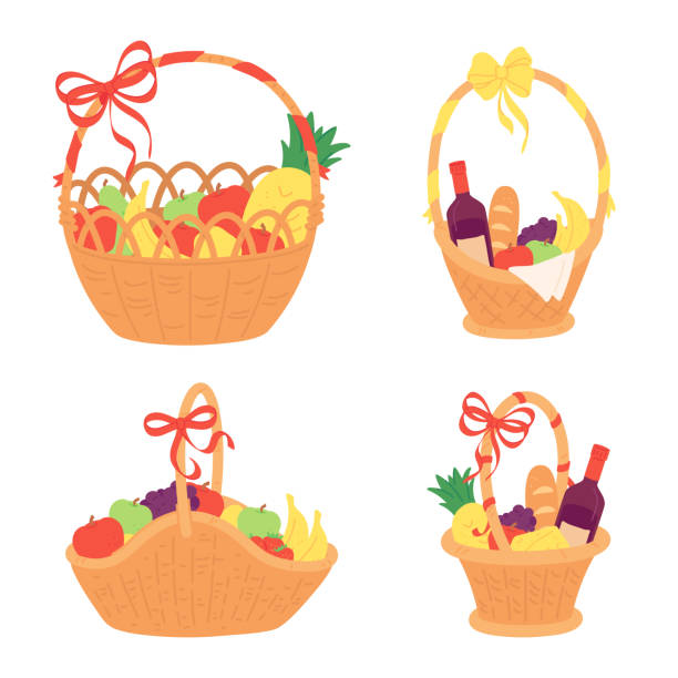 ilustraciones, imágenes clip art, dibujos animados e iconos de stock de cesta de regalo. presente de mimbre lleno de frutas. recipiente hecho a mano de mimbre con lazo de cinta en el mango - cesta de navidad