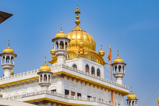 View of details of architecture inside Golden Temple (Harmandir Sahib) in Amritsar, Punjab, India, Famous indian sikh landmark, Golden Temple, the main sanctuary of Sikhs in Amritsar, India