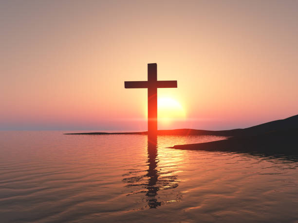 3D render of a Good Friday background with cross against a sunset sky