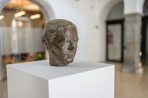 Close up of a bronze head exhibited on a white square stand, large gallery space in blurred background, natural light on the face of the statue.