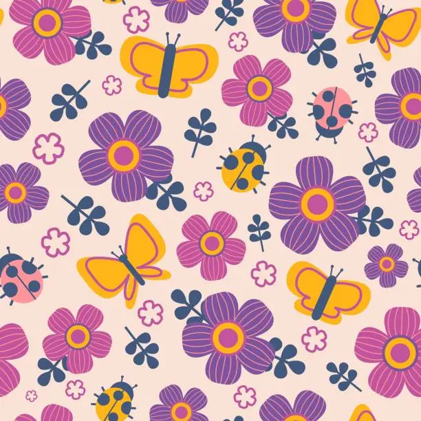 Vector illustration of Flowers and butterflies pattern. Seamless print of cute cartoon colorful simple elements, summer garden flowers, bugs and butterflies kids illustration. Vector texture