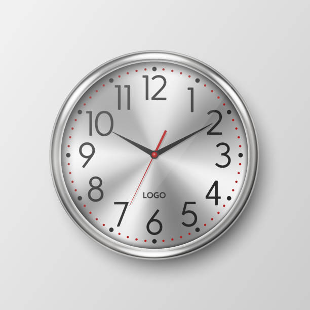 Vector 3d Realistic Simple Round Gray Silver Wall Office Clock with White Dial Icon Closeup Isolated on White Backgound. Design Template, Mock-up for Branding, Advertise. Front, Top View Vector 3d Realistic Simple Round Gray Silver Wall Office Clock with White Dial Icon Closeup Isolated on White Backgound. Design Template, Mock-up for Branding, Advertise. Front, Top View. clock wall clock face clock hand stock illustrations