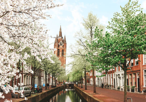 centro histórico de delft en primavera, holanda - delft europe spring old town fotografías e imágenes de stock