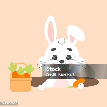istock Ð¡ute white easter bunny nibbles carrot in hole. Cartoon vector illustration. 1473710900