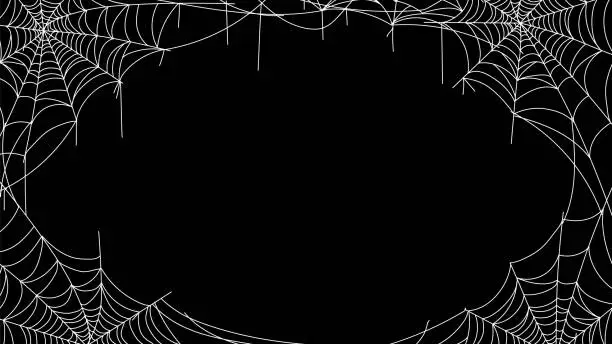 Vector illustration of Spiderweb framing. Spider cobweb decorative border, scary mystery web silhouette for Halloween party decoration backdrop poster invitation. Vector illustration
