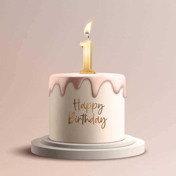 illustrazioni stock, clip art, cartoni animati e icone di tendenza di un anno. torta dolce per l'anniversario di compleanno vettoriale. biglietto di auguri, banner con candela 3d realistica per feste di compleanno d'oro, numero, fiamma. modello di design di icone per il concetto di compleanno. vista frontale - candle tea light candlelight flame