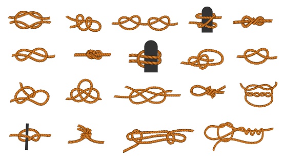 Knot types. Cartoon knotted rope with ties and threads for boating and sailing, eight knot and squareknot. Vector nautical icons collection. Isolated rope loops and hitches tutorials