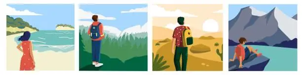 Vector illustration of People looking at landscape. Cartoon travelers and adventurers enjoying nature scenery and looking on horizon. Vector people at hiking and journey illustration