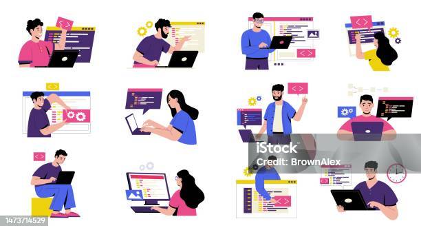 Coding Characters Concept Cartoon Developers Working On Web Programming ...