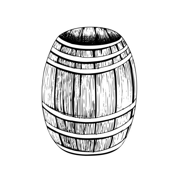 illustrations, cliparts, dessins animés et icônes de baril en bois. objet isolé dessiné à la main en technique graphique. illustration vectorielle pour la décoration et le design d’été, nautique, de pêche et de plage. - oak barrel